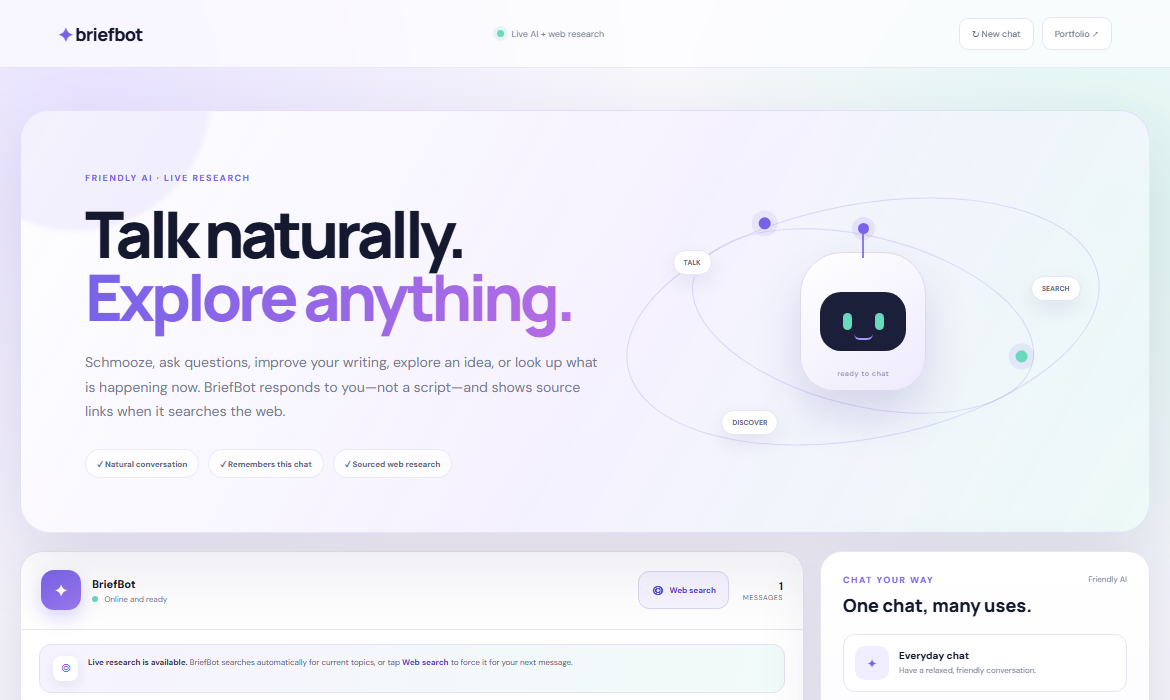 BriefBot friendly AI chat with live web research and a cheerful robot visual