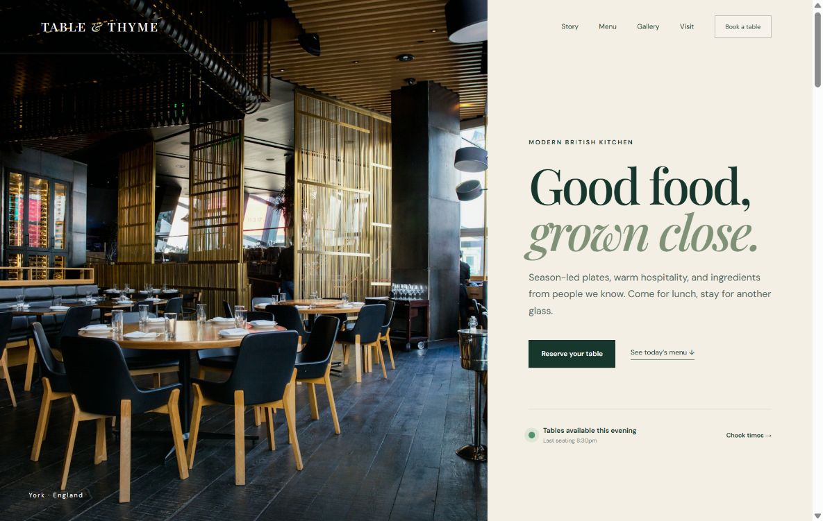 Table and Thyme restaurant homepage with dining-room photography