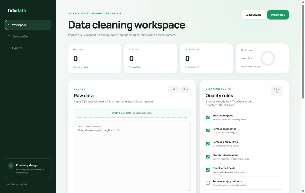 TidyData workspace with quality metrics and configurable cleaning rules